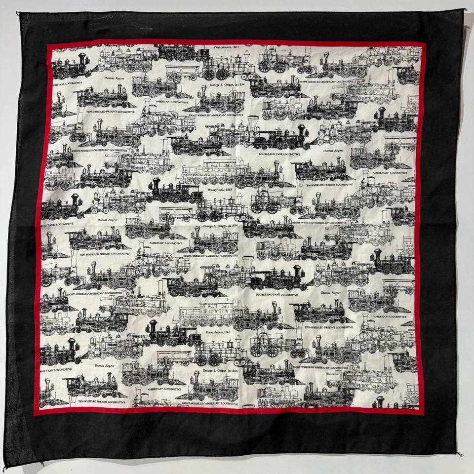 FREE SHIP Vintage 19thc Victorian TRAINS Locomotives 50/50 BANDANA RN 20767 - Image 2 of 4