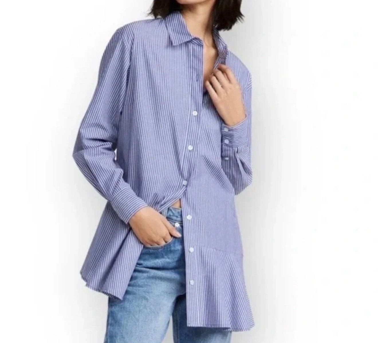 Veronica Beard Blue White Striped AsymmetricalPeplum Button Down Shirt Size 6