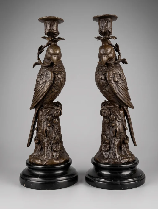Parrots Bronze CANDLE HOLDERS Statue Sculpture Art Pair Figurine Birds Holders