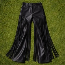 Women s Black Fringe Leather Pants High Waist Flared Bell Bottom Trendy West