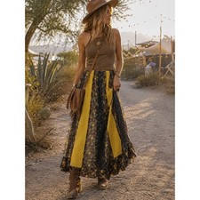 Vtg 70s Chessa Davis Maxi Skirt Floral Lace Yellow Polka Dot Patchwork Peasant