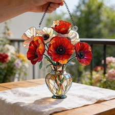 Red Poppy Flowers Acrylic Suncatcher   Stained Glass Style Floral Window Hanging