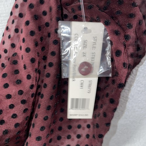 Zac & Rachel Woman 2X Pullover Knit Blouse Sheer Polka Dot Sleeves Maroon/Black - Afbeelding 8 van 14