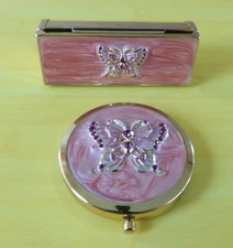 Argento SC Enantia Butterfly Compact Mirror & Lipstick Case Swarovski Crystals