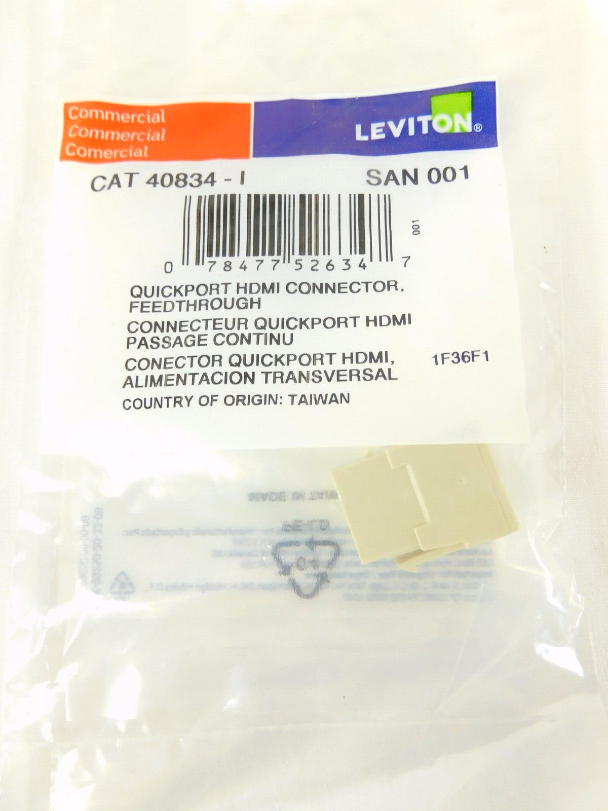 40834-I HDMI Feedthrough Leviton QUICKPORT Connector, Ivory Housing