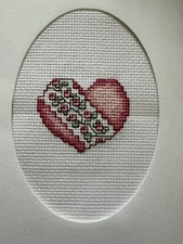 COMPLETED FINISHED CROSS STITCH CARD “PINK VALENTINE HEART”