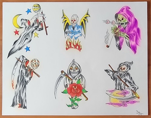 ORIGINAL HAND COLORED, Vintage Traditional Tattoo Flash Production Sheet Reapers - 第 1/14 張圖片
