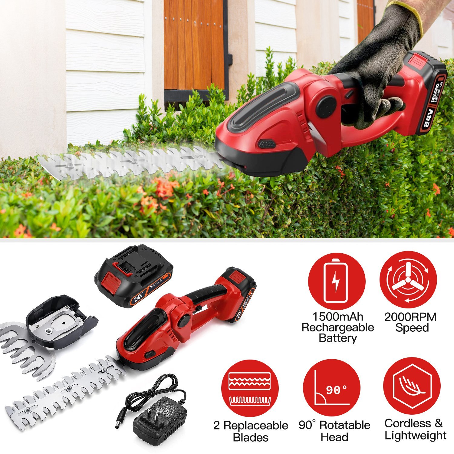 Cordless Grass Shears Battery Operated Weed Hedge Trimmer 24V 2.0Ah Batteries