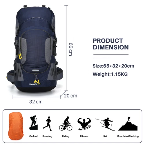 Wasserdichter Rucksack 60L großes Fassungsvermögen Tornister Tasche für Camping Wandern Reisen - Bild 12 von 56
