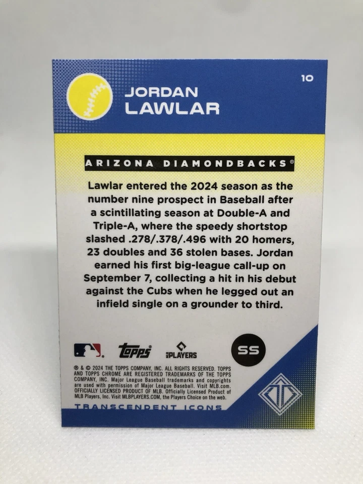 2024 Topps Transcendent Icons Jordan Lawlar Rookie RC #10 Diamondbacks Card PWE - Image 2 of 2