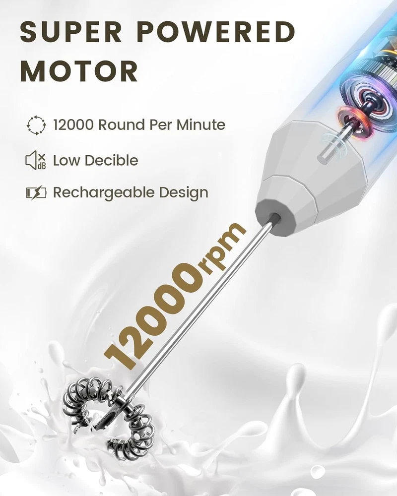 Milk Frother, 3 Speeds Frother Wand Electric Whisk with Charging Base, Type C Re