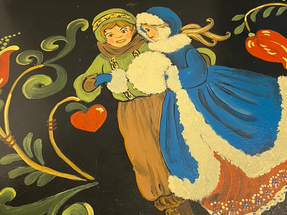 Hand Painted Vintage Tole Serving Tray With Ice Skaters Signed 16 1/2 X 10 - Image 3 of 4