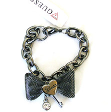 NEW HEMATITE GRAY SMOKE TONE GUESS CHAIN LINK  BRACELET MESH BOW HANGING CHARM