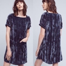 Anthropologie Floreat Blue Crushed Velvet Crinkled Patch Pocket Shift Dress XS