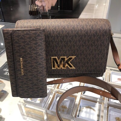 Michael Kors Mimi Medium Flap PVC leather Shoulder Handbag+Wallet BROWN