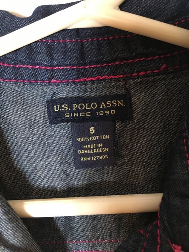U.S. Polo Assn. Girls size 5 Denim Dress with Pink trim & Ruffles - Picture 2 of 7