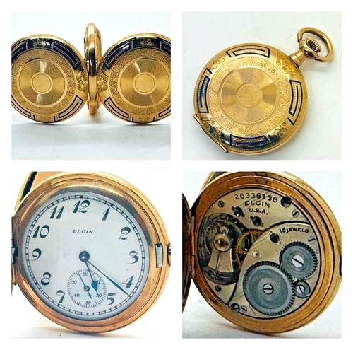 1924 Vintage Elgin Fancy Enamel Case Grade 464 Model 2 15j Hunter Case RUNS!