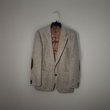 Vtg Gentleman's Wool Herringbone Brown Tailored Blazer Sz 40 Suede Elbow Preppy