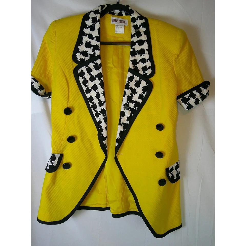Conjunto de Falda Blazer Vintage Maggy London Elsbeth Amarillo Negro Pata de Seda Talla 12 Foto 3 de 4