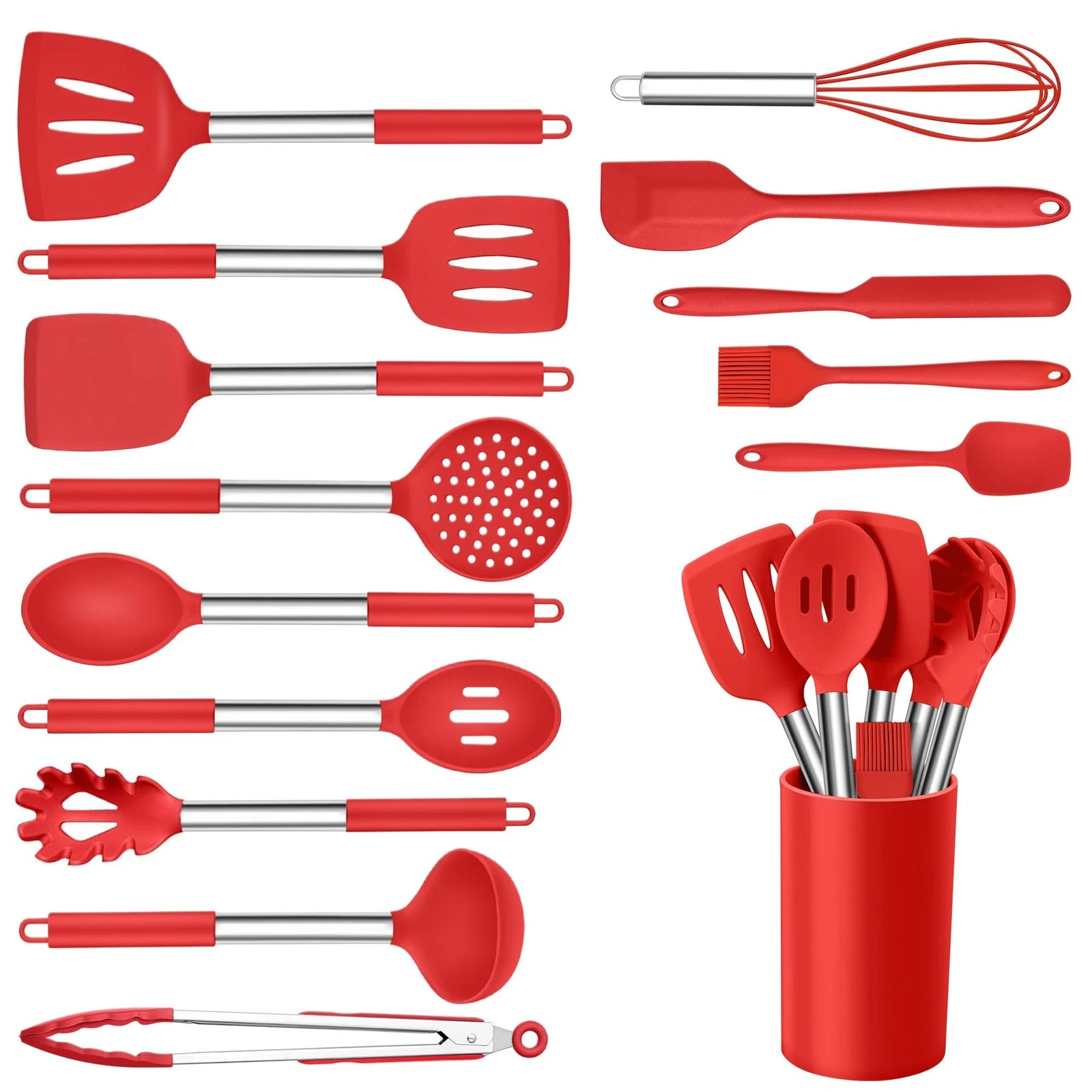 15pc Red Silicone Cooking Utensils Set With Holder Nonstick Gadgets
