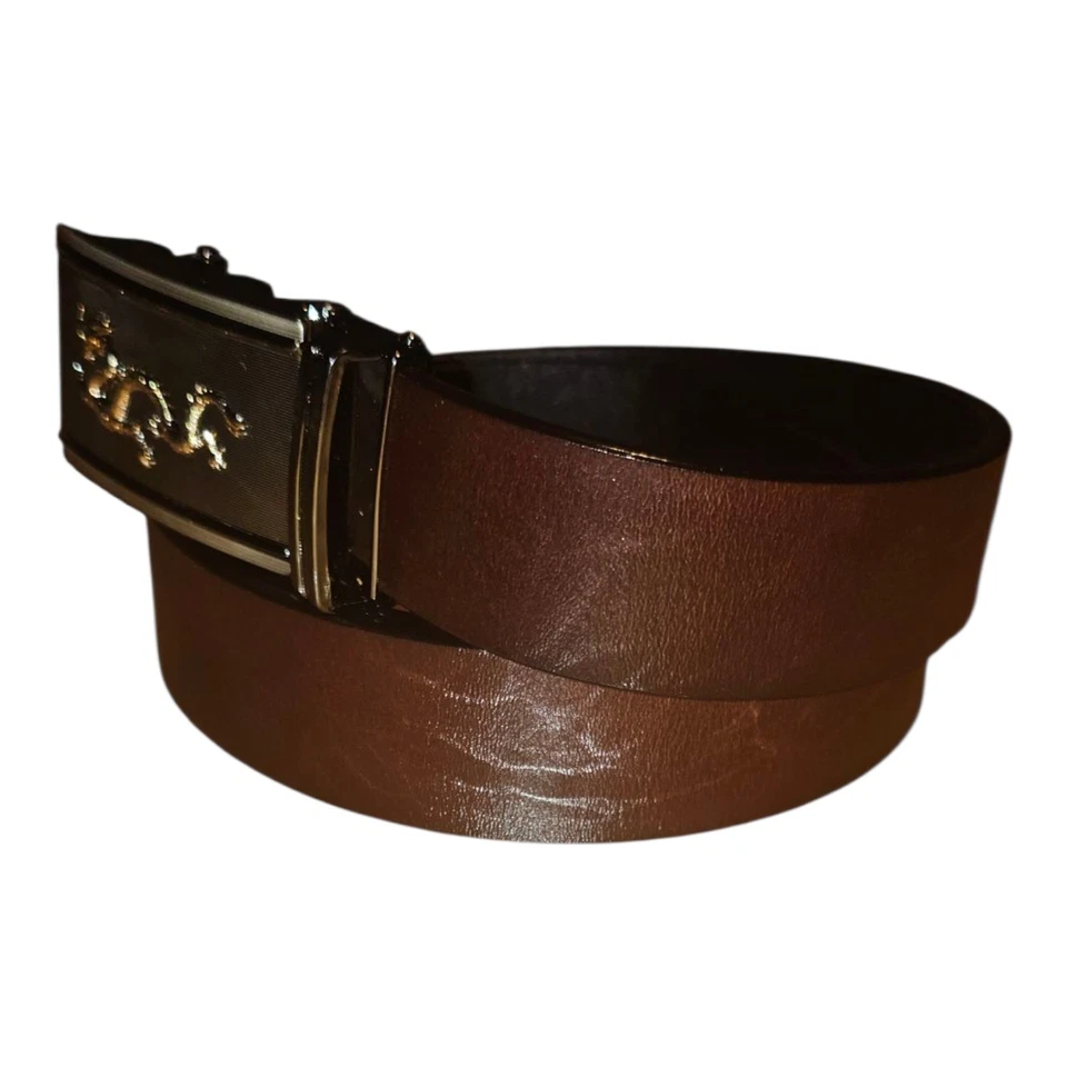 Cinturón de cuero genuino para hombre patrón dragón hebilla automática Foto 2 de 4
