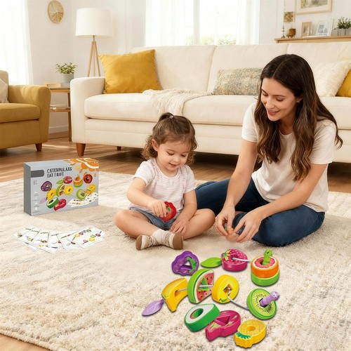 Wooden Animals Caterpillar Eat Fruits String Threading Beads X - Picture 4 of 14