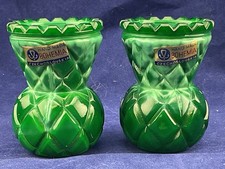 2 vintage czech malachite glass tooth pick holder/mini vases 2 1/2"