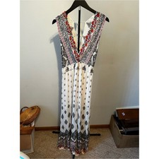 True Destiny White Maxi Dress with Black Print and Red Floral Trim