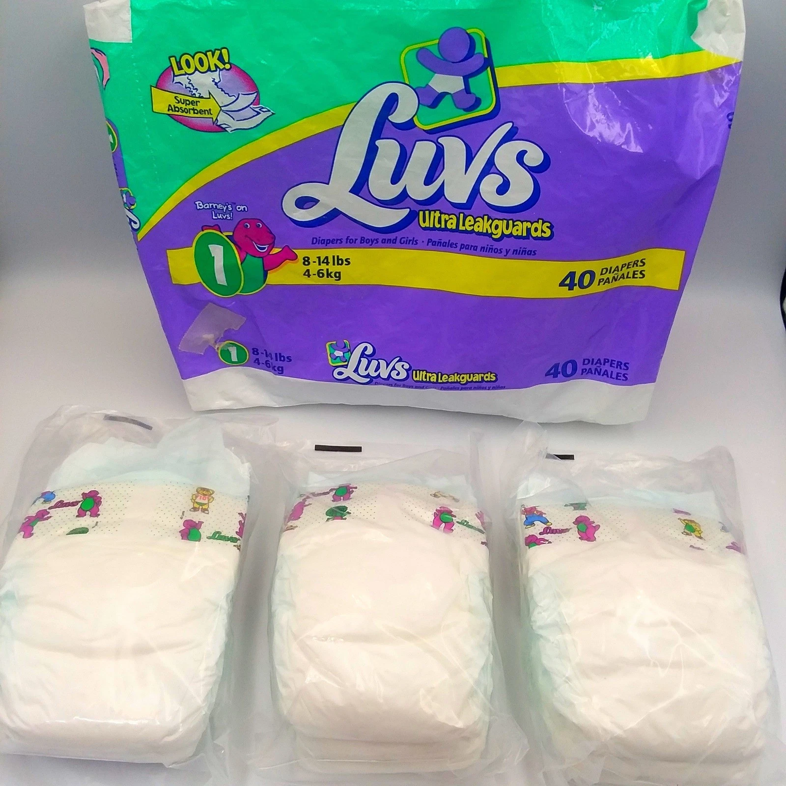 Luvs Ultra Leakguards Size 1 Diapers Barney Print 9 Count Vintage 1999 USA