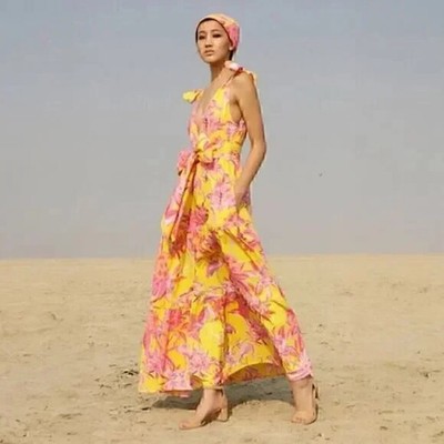 Banjanan Carnation Flamingo Maxi Dress XS Pink Yellow Cotton Sleeveless |  eBay