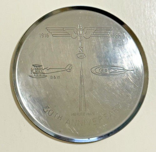 1966 Boeing 50th Anniversary Steel Engraved Coaster B & W SST Minuteman 4” dia.