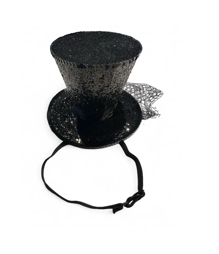 Mini chapéu Leg Avenue anos 2000 glitter preto com véu - acesso à fantasia de Halloween. - Imagem 4 de 4