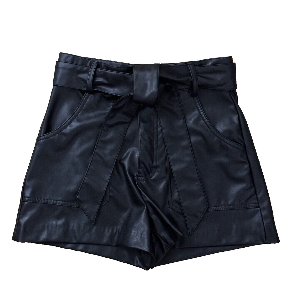 Zara Womens XS Black Faux Leather High Waist Paperbag Shorts Tie