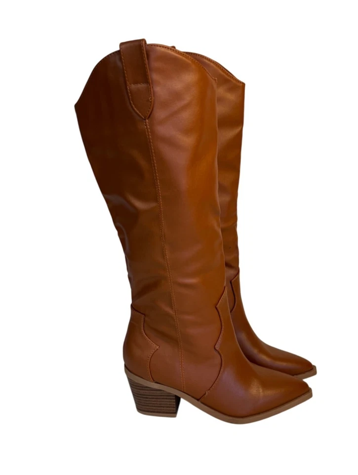 Botas de vaquero de bambú para mujer de 6,5 hasta la rodilla con tacón grueso en marrón coñac nuevas Foto 4 de 4