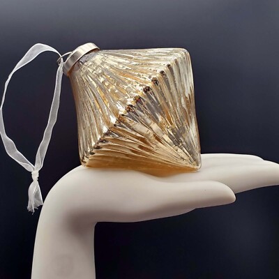 Large 5'' Kugel Style Blown Gold Mercury Glass Christmas Ornament Diamond Shape