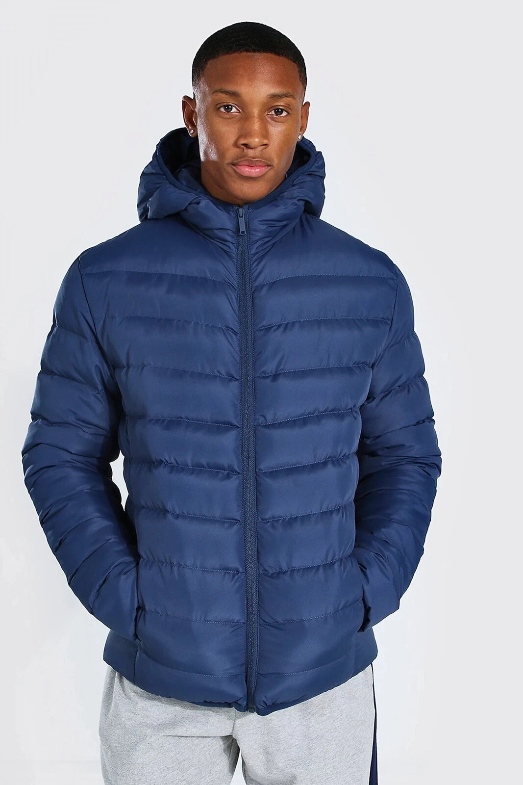 BOOHOOMAN QUILTED ZIP THROUGH JACKET WITH HOOD NAVY SIZE L