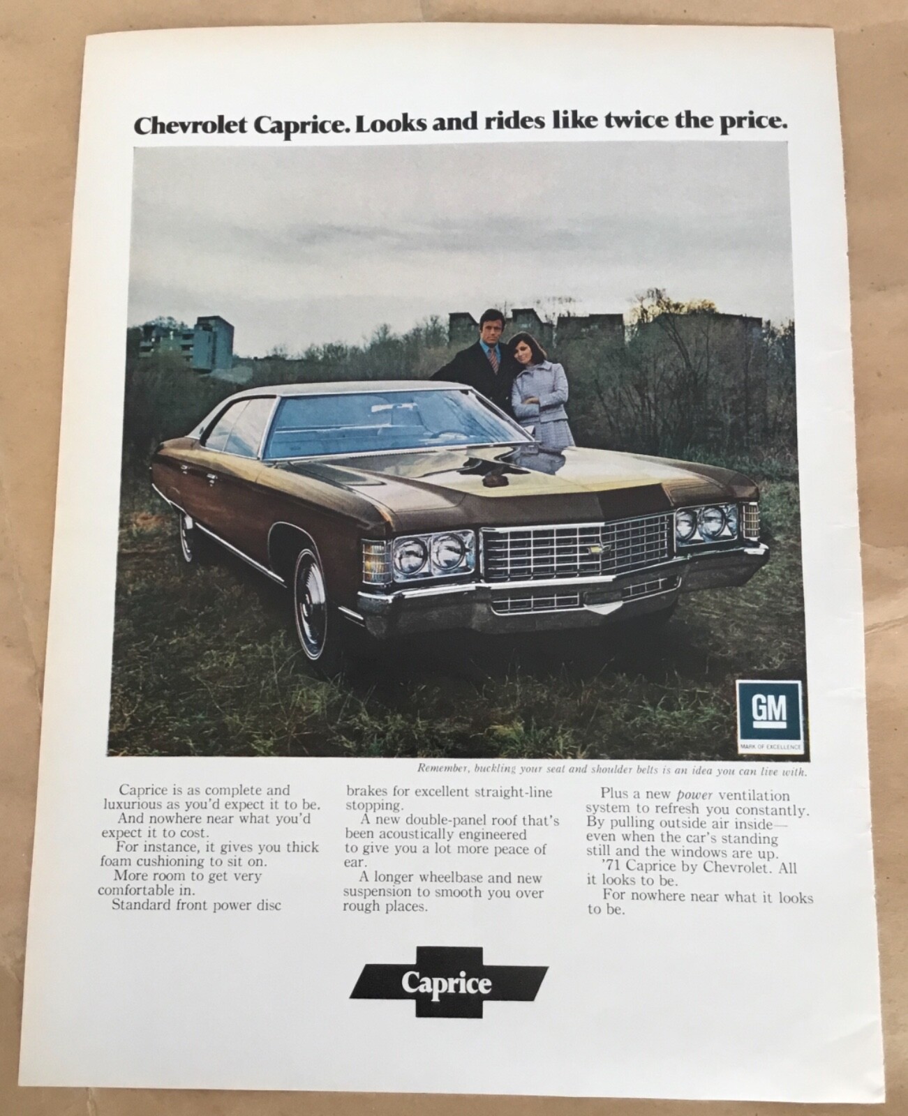 Chevrolet Caprice car print ad 1971 vintage orig 1970s retro art automobile gold