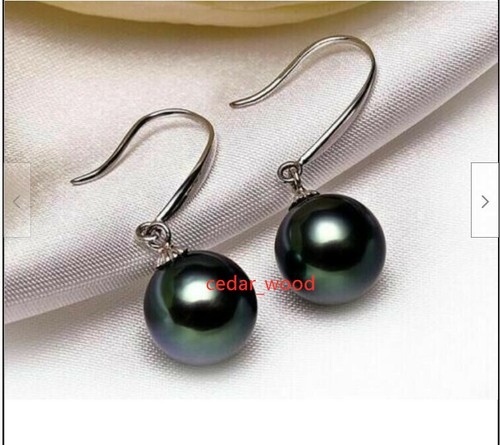 AAA 8-9mm natural black Tahitian round Pearl Earrings 14K GOLD hook earrings - Picture 2 of 4