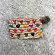 Mar Y Sol Heart Print Woven Raffia Amelie Clutch Zip Top Multi-color Boho Beach