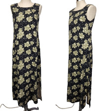 True Grit Silk Shift Maxi Dress L Black Taupe Hibiscus Print Sleeveless Tropical