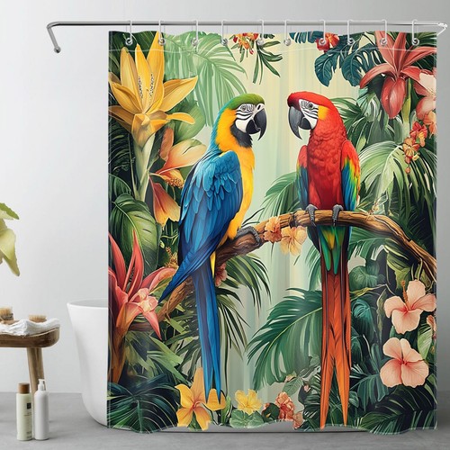 Summer Green Palm Leaves Parrot Bird Shower Curtain Bathroom Accessories Set - 第 21/23 張圖片