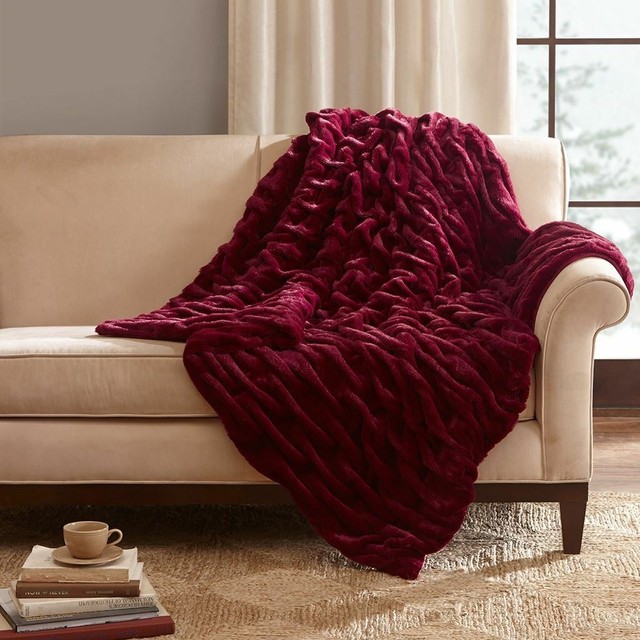 Luxury Deep Red Ruched Reversible Faux Fur Throw Blanket 50x60" eBay