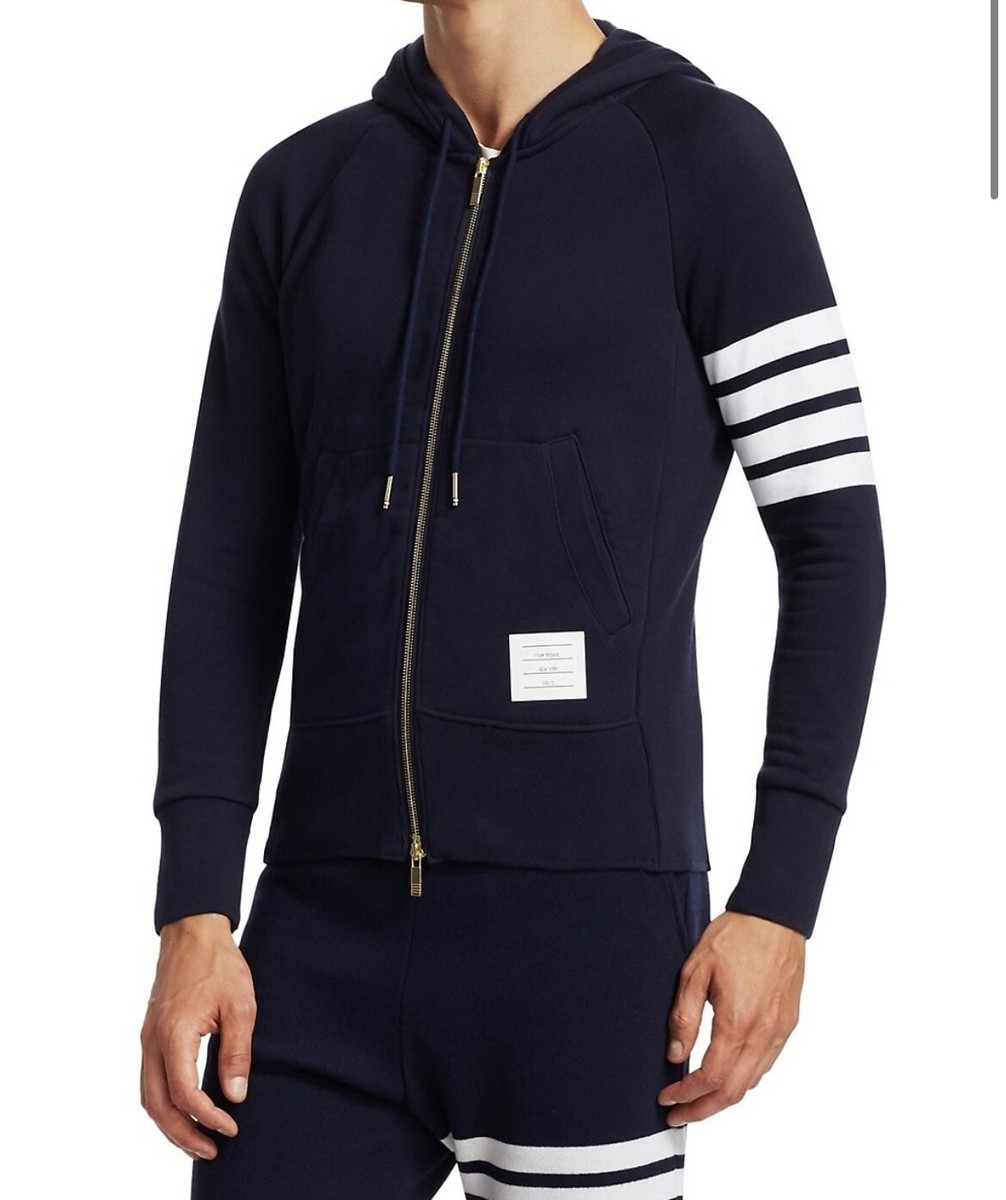 Thom Browne Full Zip Hoodie With Engineered 4-bar In Classic Thom Browne Full Zip Hoodie With Engineered 4-bar In Classic