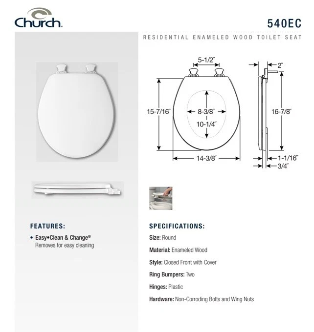Asiento de inodoro redondo Church by Bemis 540EC 162 fácil de limpiar, plateado, madera esmaltada Foto 3 de 4