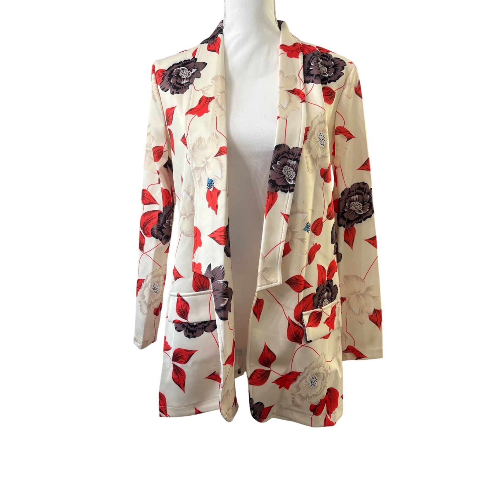 Floral Print Womens Blazer Open Front Jacket Small Lightweight Red Cream & Black