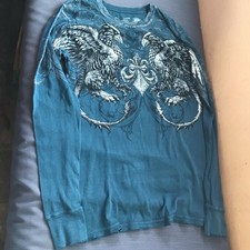 AFFLICTION Twin Eagle 🦅 🦅 Vintage Blue Muscle Cotton Shirt Sz L NEW USA MADE