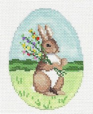 SP.ORDER  Brown Bunny with a Bouquet EGG HP Needlepoint Canvas by Susan Roberts