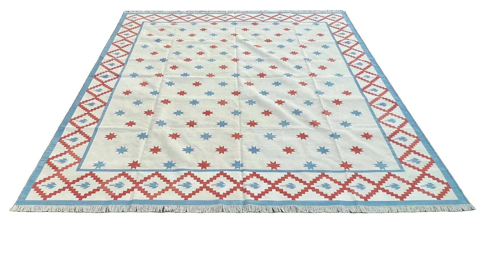 Handmade Dhurrie Kilim Rug Color Blue and Red Star Design Area Carpet Rug