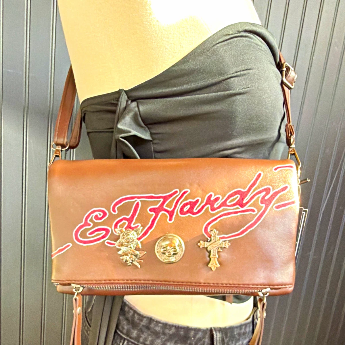 Ed Hardy Zip Faux Leather Exterior Bags & Handbags for Women for