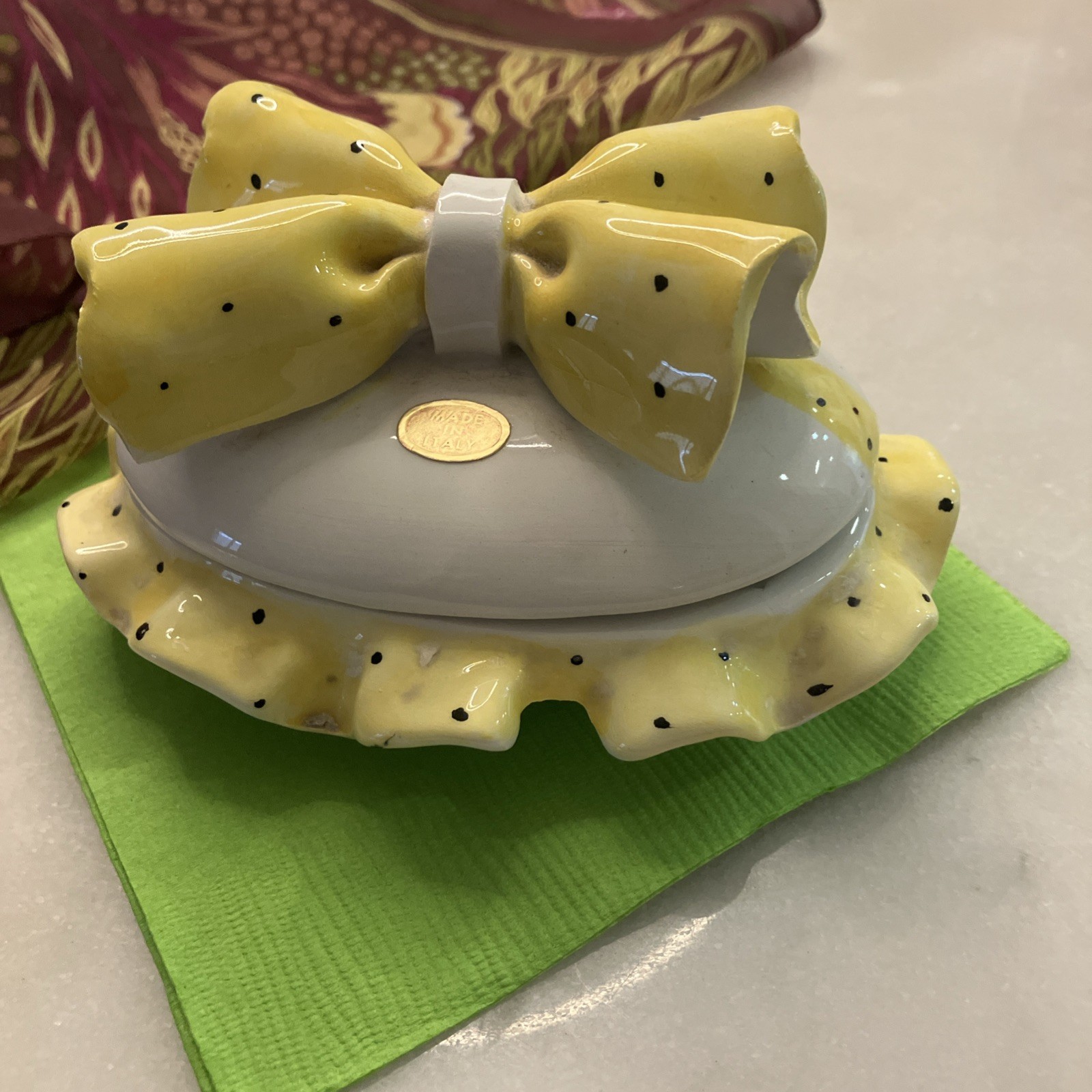 Trinket Box Covered Dish w/ Lid  BOW YELLOW DOTS Made In Italy Hand Painted